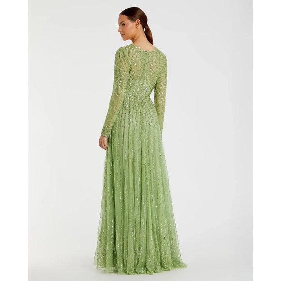 MAC DUGGAL Green Illusion High Neck Long Sleeve Embellished Gown Sage Size US 6 - Picture 2 of 16